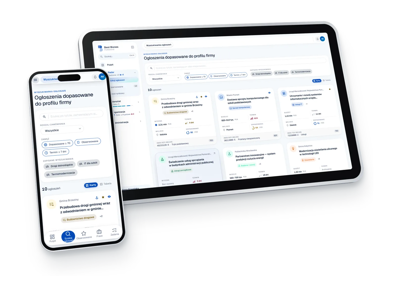 Search of tenders matched to the company profile