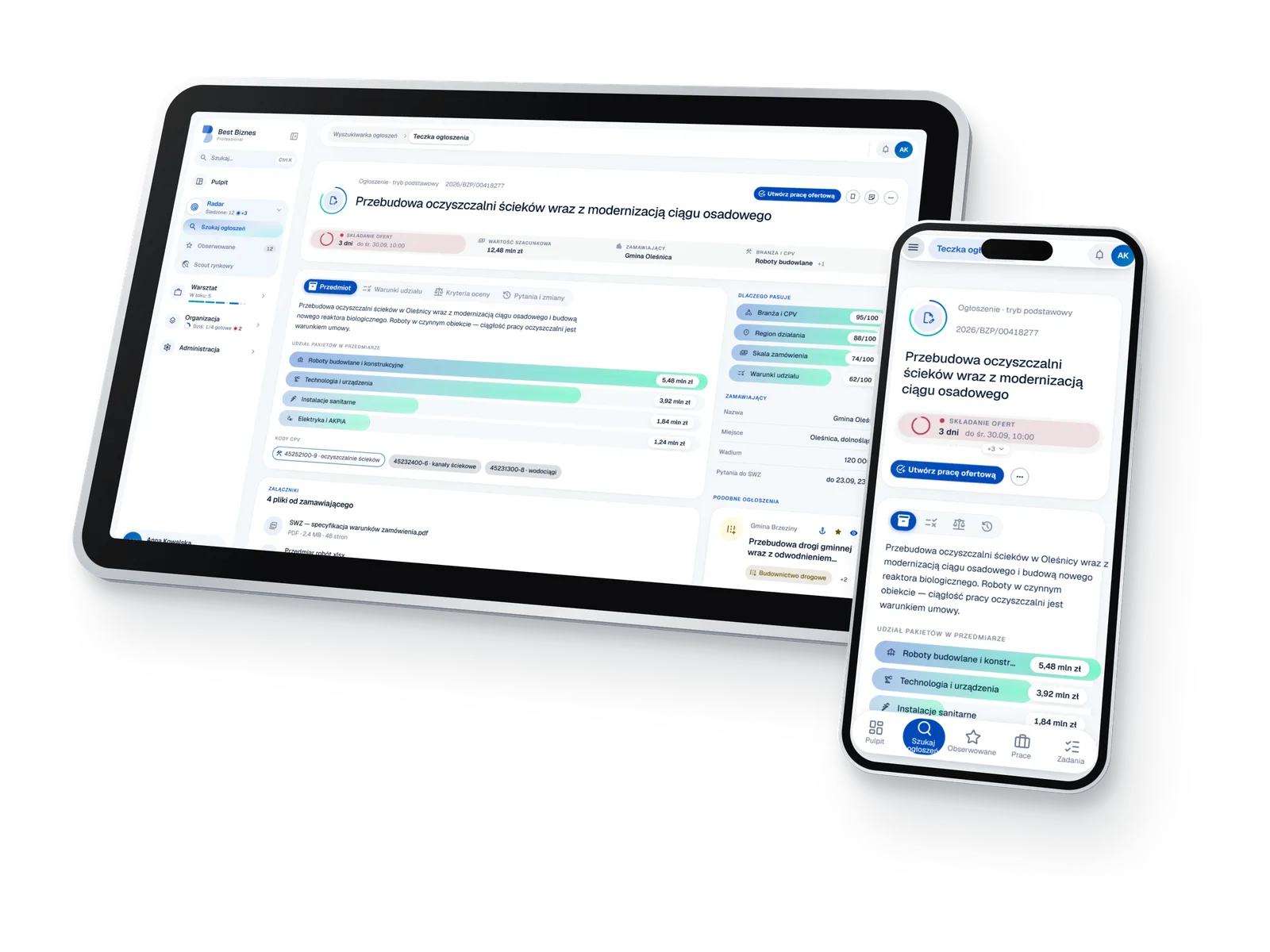 Tender folder with procedure data and match score