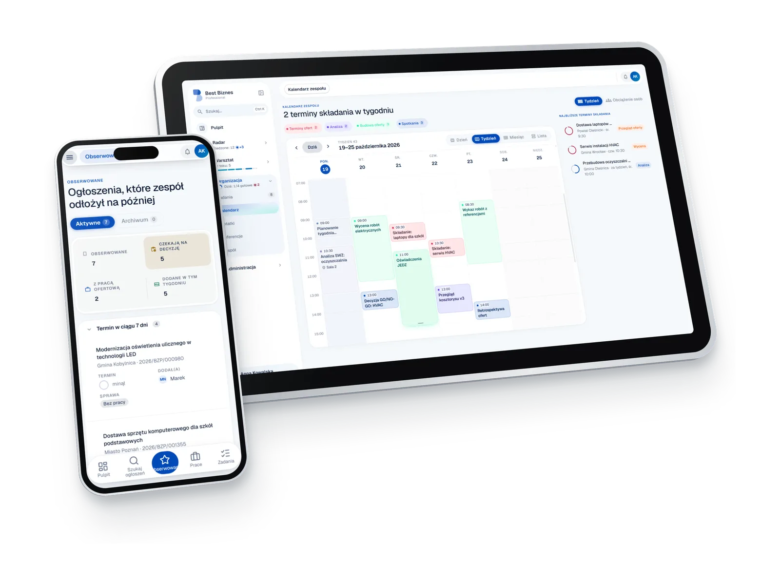 Team calendar and the watched tenders list