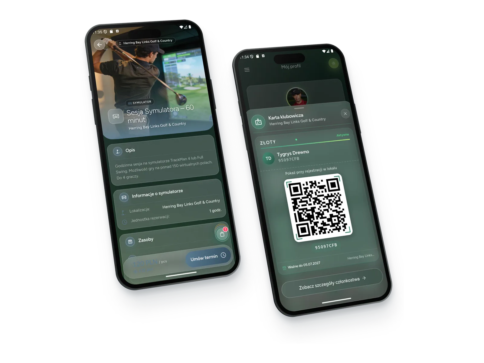 Simulator session booking and a membership card with a QR code
