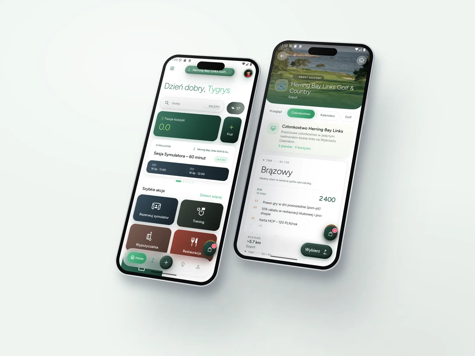 The app in light mode: home screen and club membership