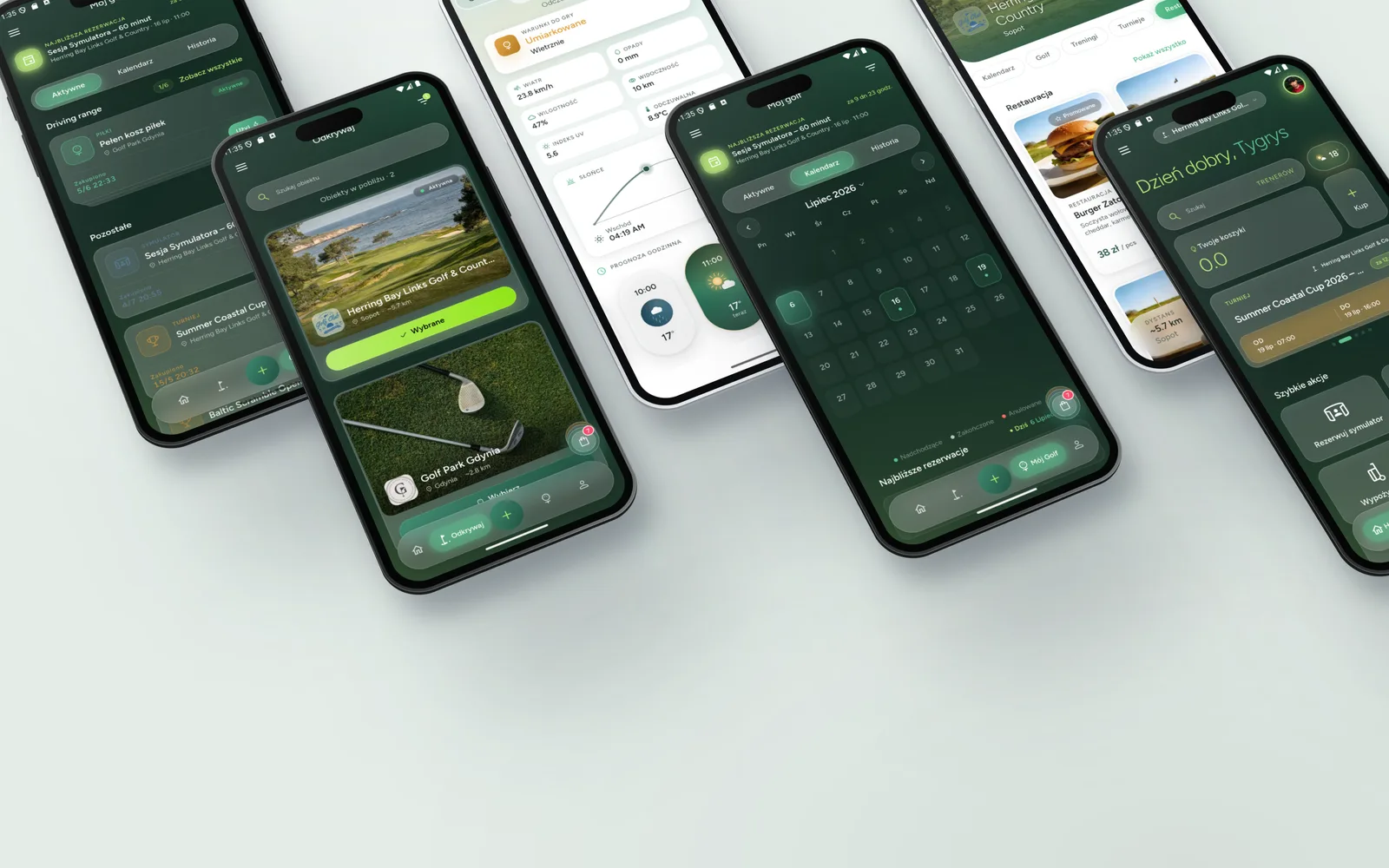 Golf in One screens in light and dark mode